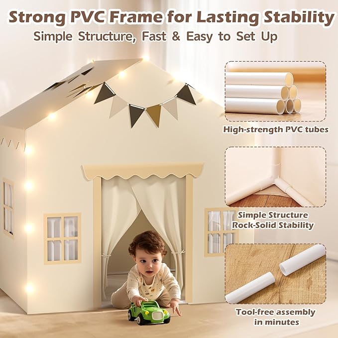 EagleStone 2-in-1 Kids Tent,Large Play Tent with Padded Mat and Lights,Kids Playhouse with 2 Doors & 4 Windows,2 Large Side Pockets,Indoor Outdoor Kid Play Tent for Toddlers,53" x40" x 51"