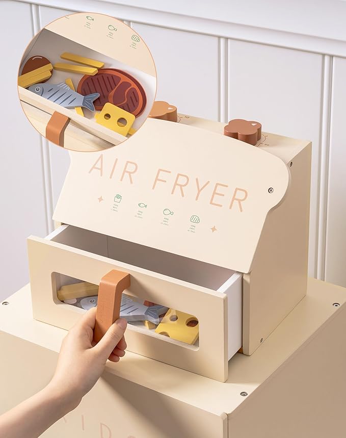 ROBOTIME Wooden Toy Air Fryer for Kids, Play Kitchen Accessories, Wooden Kitchen Play Food Set, Pretend Cooking Toys for Toddlers Kitchen Set, Role Play Gift for Boys & Girls