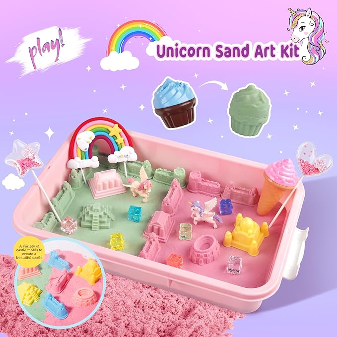 Weilim Unicorn Sensory Bin for Girl, Magic Sand Art Kit with Sandbox, Color Sand, Unicorn Fine Motor Kids Toy Christmas Birthday Gift for Toddler Ages 3 4 5 6 7 8