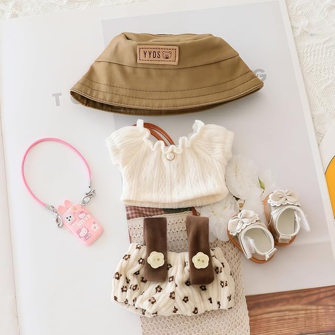 Clothes for Dolls Accessories (No Doll), Cute Outfit Set 5 Pieces Bib Pants for 15 & 17cm Doll Suit, Stylish Dress Up Overalls Doll Clothing Set Replacement with Hat Clothes Shoes Beige