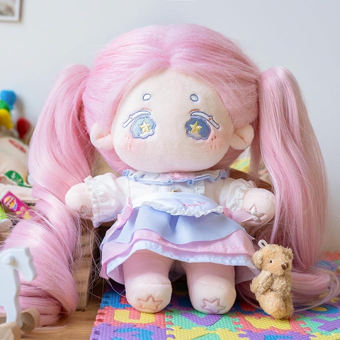 CALEMBOU Plush Doll, 20cm Cute Cotton Doll with Skeleton, Anime Plushies Soft Stuffed Dress Up Dolls, Kawaii Plush Toys Gift Come with Doll Clothes (Doll&Clothes-Maybe-Pink)
