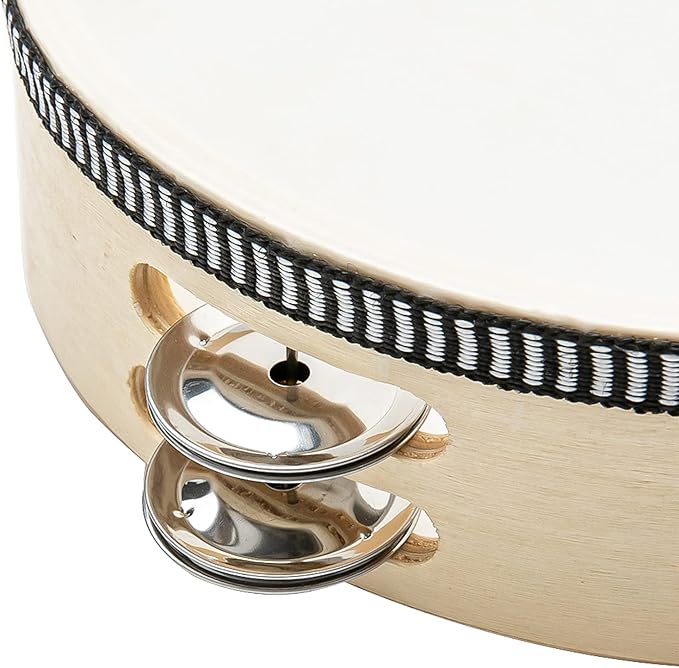 Musfunny Tambourine Hand Held Drum with Double Row Jingles, 8 inch Tambourines Metal Bell Hand Percussion for Adults Church Party (8 inch Natural)