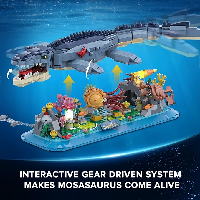 Mosasaurus Building Set with LED Light, 1219 PCS Movable Ocean Animal Building Block Toy with Nautiluses Jellyfish Squid Coral Reef, Ancient Reptile Home Decor Gift for Adults Teens Boys 12+