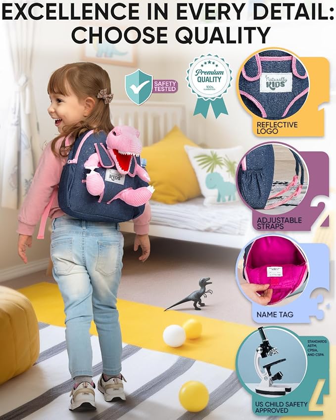Naturally KIDS Pink Dinosaur Toys for Girls, Dinosaur Gifts for Girls 2-5 Year Old, Toddler Backpack