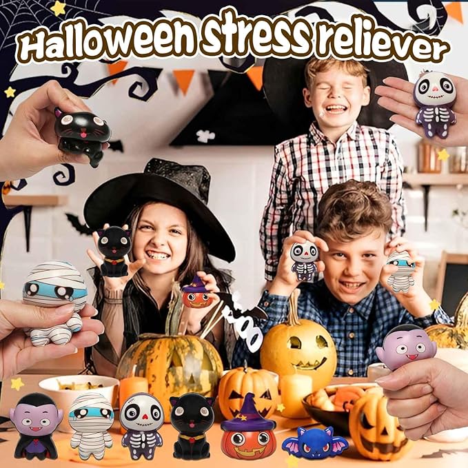 New 6 Packs-Halloween Squishies Toys Slow Rising, Gift Box Includes Pumpkin, Vampire,Black Cat,Mummy,Human Skeleton, Bat, Halloween Soft Stress Relief Toys for Girls,Boys,Kids Party(6pcs-4)