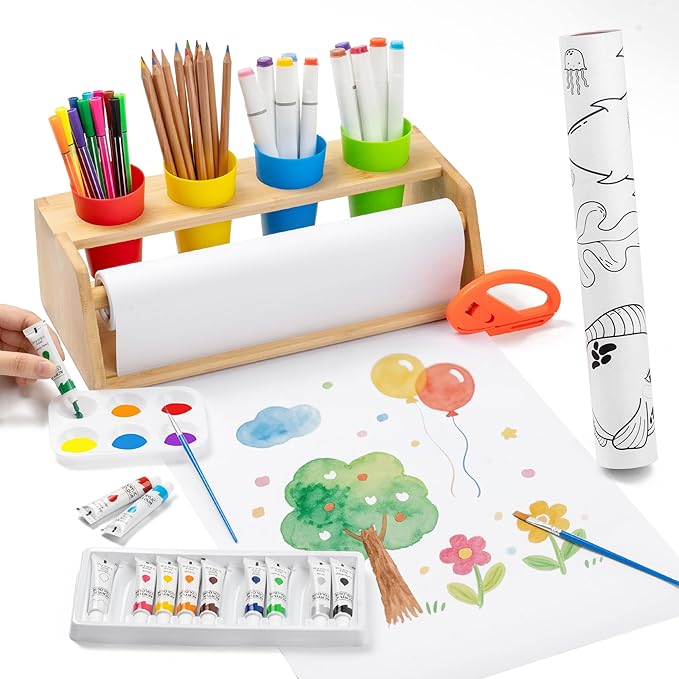 Paper Roll Dispenser for Kids Art Tabletop Easel with Blank & Patterned Paper Rolls, 12 Pigments, Drawing Tools, Pen Cups Craft Station for Kids Ages 3-8 in Home, Classroom