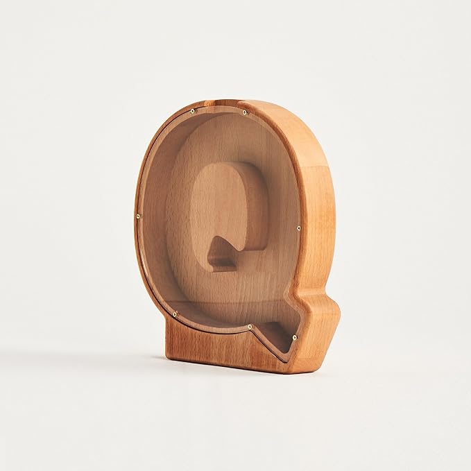 Personalized Wooden Piggy Bank – Custom Letter Q Coin Bank in Beech Wood with Clear Acrylic Front, Engraved Name Option, Money Saving Box for Kids and Adults, Baby Shower or Birthday Gift