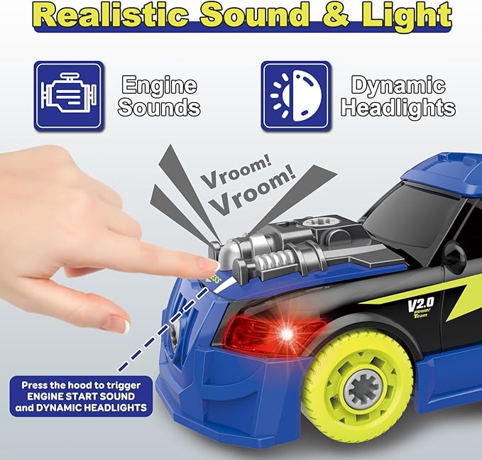 Take Apart Toy Racing Car for Kids Age 3+ Year Old, 2 in 1 Build Your Own Car with Realistic Sounds & Lights, Construction Vehicle Toys with Electric Drill, Ideal Gitfs for Boys(4 Spare Screws)
