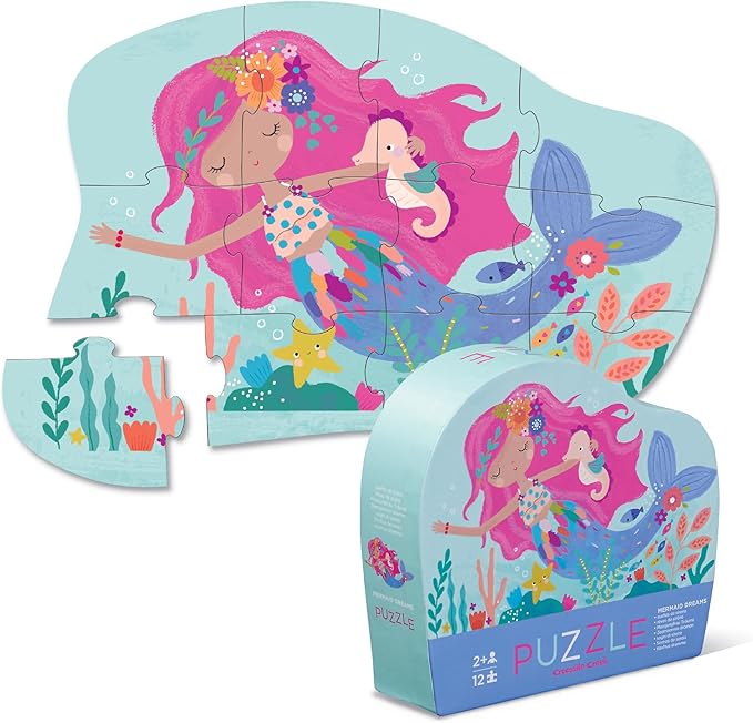 Crocodile Creek 12-Piece Mini Jigsaw Puzzle - Fun Floor Puzzles for Kids Ages 2-4 and Up - Heavy-Duty Shaped Box for Storage - Mermaid Dreams - 12" x 9" Finished