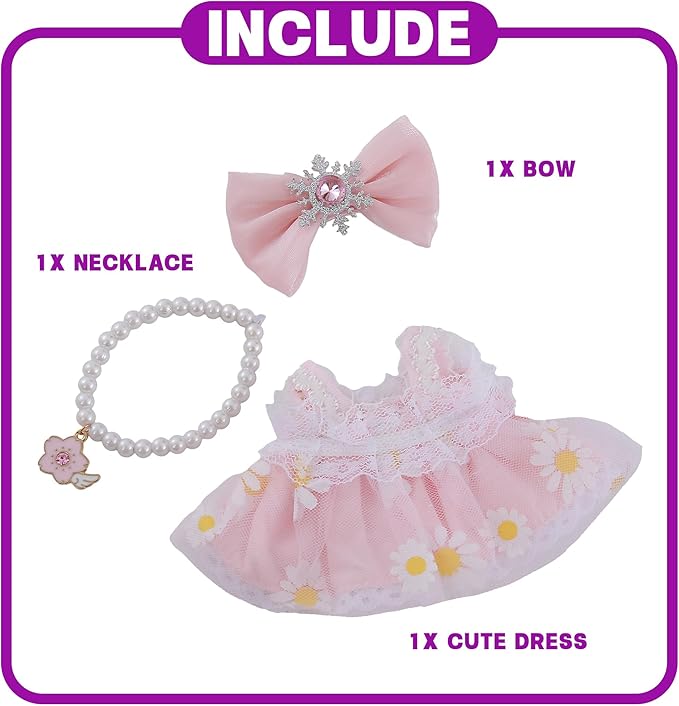 Pink 17cm Doll Clothes Set 3-Piece Doll Dress Set with Necklace and Bow Decor Accessories Clothes Only
