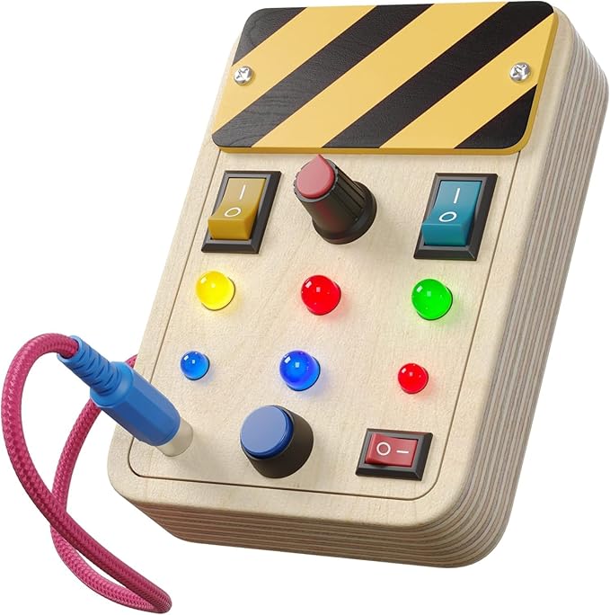 Crown Display Montessori Busy Board for Toddlers - Wooden Sensory Toys for Toddlers - Toys for Autistic Children with LED Light Up Buttons Pluggable Wires Baby Gifts - Educational Learning Fidget Toy