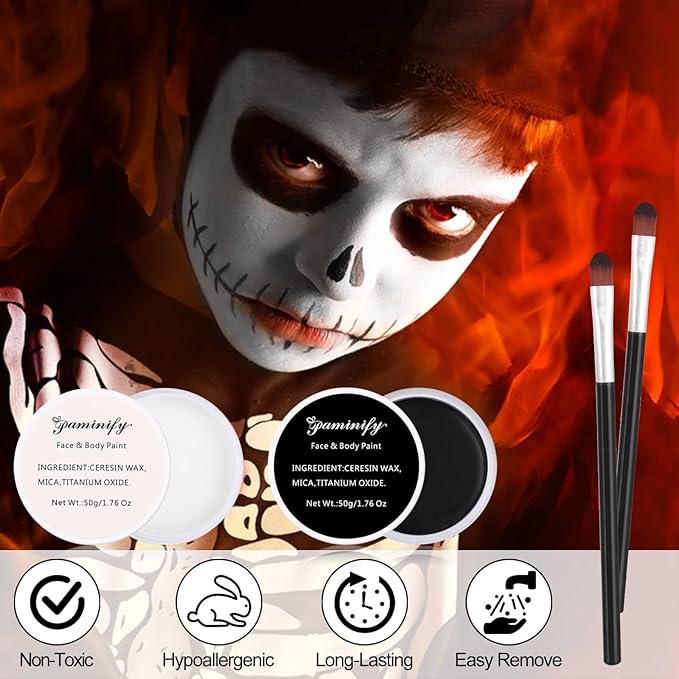 Black and White Face Paint,Halloween Face Painting for Adults and Kids,Oil Based White Body Paint with 2 Brushes for Clown Zombie Vampire Skeleton Cosplay,100g/3.53 oz