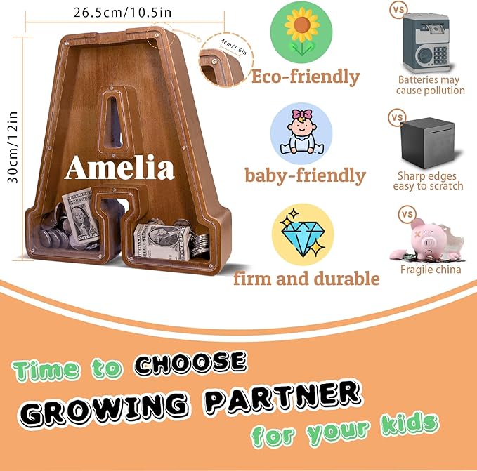 Wooden Letter Piggy Bank for Kids Larger Letter Piggy Bank for Boys and Girls Personalized Piggy Bank Initial Coin Bank Wood Kids Money Bank for Birthday and Festival