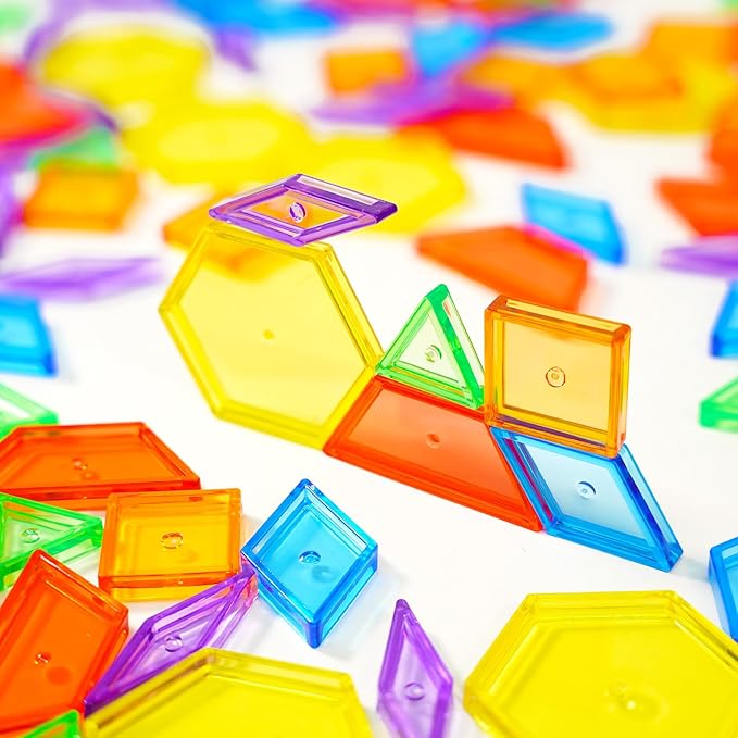 Bbiamsleep 140 Pcs Translucent Pattern Blocks Plastic Transparent Geometric Shape Blocks Light Table Manipulatives Accessories Sensory Bin Filler for Light Table Sorting Counting Spelling Training