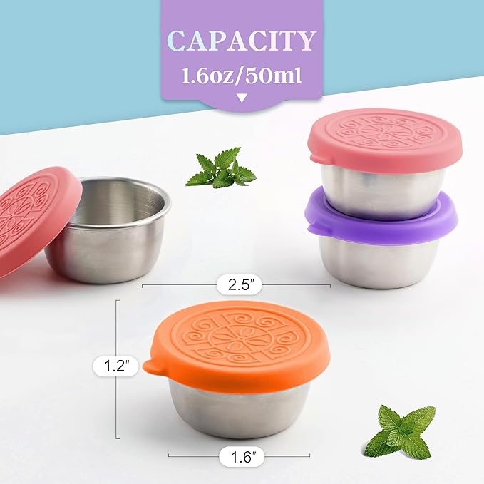 6x1.6 Oz Salad Dressing Containers With Lids, Small Leakproof Reusable Stainless Steel Salad Dressing Container To Go For Lunch Boxes,Sauce containers, Picnics,Travel Meal Prep And Kitchen Storage.