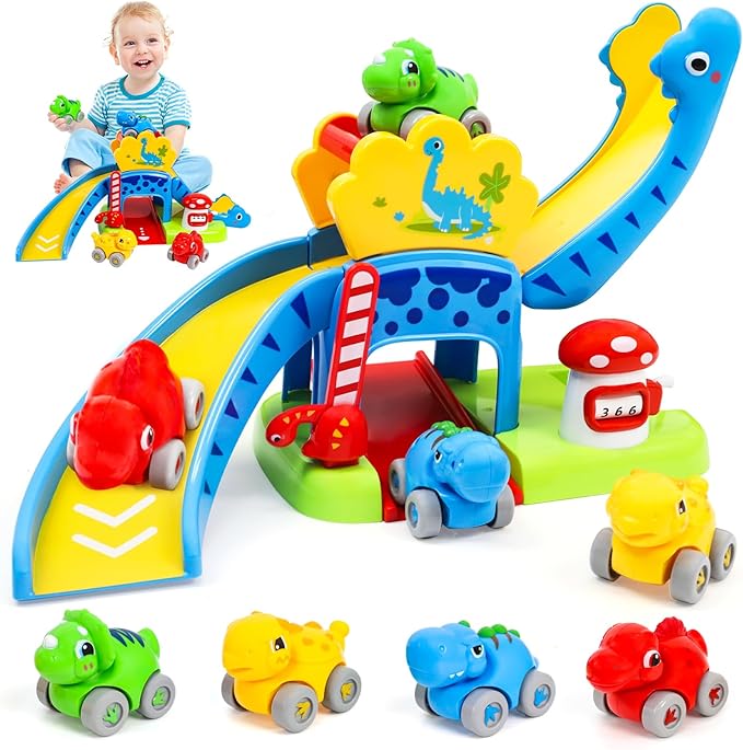 YGJT Toddler Toys for 1-3 Year Old Boys and Girls, Dinosaur Slide with 4 Dino Cars Montessori Toys Set for Baby 12-18 Months, Educational First Birthday Gifts Learning Push Track for Children Ages 1-3