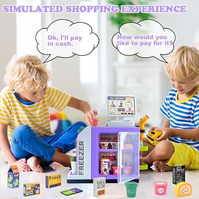 Pretend Play Cash Register Toy Set with Scanner, Play Money, Calculator, Coffee Machine and Play Food for Kids Ages 3+ (Purple)