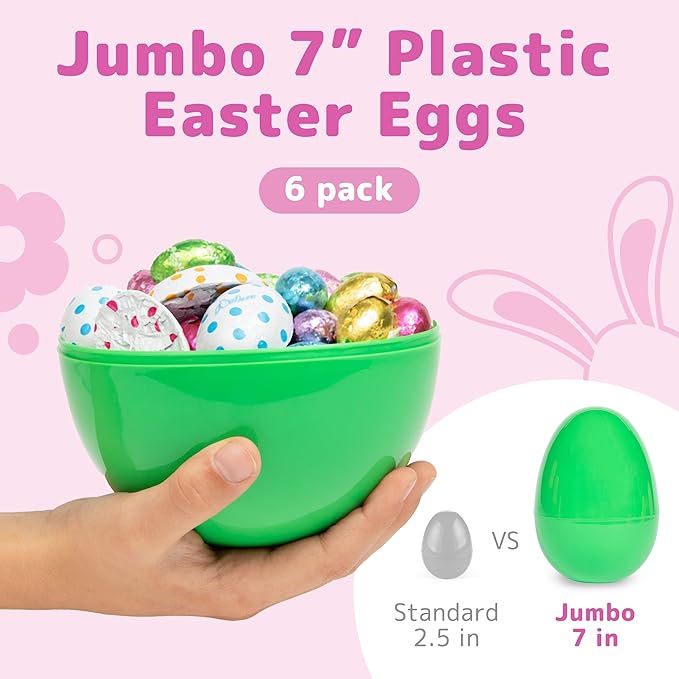 PREXTEX 7" Jumbo Easter Eggs Empty - Set of 6, Large Plastic Easter Eggs Bulk - Oversized Egg Toy Pack - Big Outdoor Party Decorations - Colorful Giant Egg