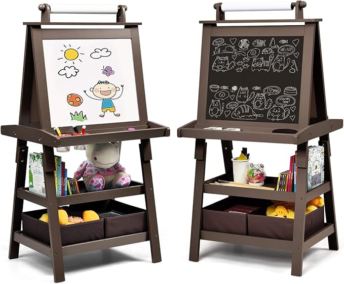 Costzon Kids Art Easel, 3 in 1 Double-Sided Wooden Easel w/Magnetic Whiteboard, Chalkboard & Paper Roll, 2-Tier Rack w/ 2 Storage Boxes, Standing Easel for Kids, Toddlers, Boys, Girls (Coffee)