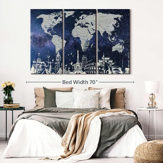 ElephantStock Starry World Map Multi Piece Canvas - 3 Panel Wall Decor - Map of the World Art - Canvas for the Office and Home - 65" X 42"