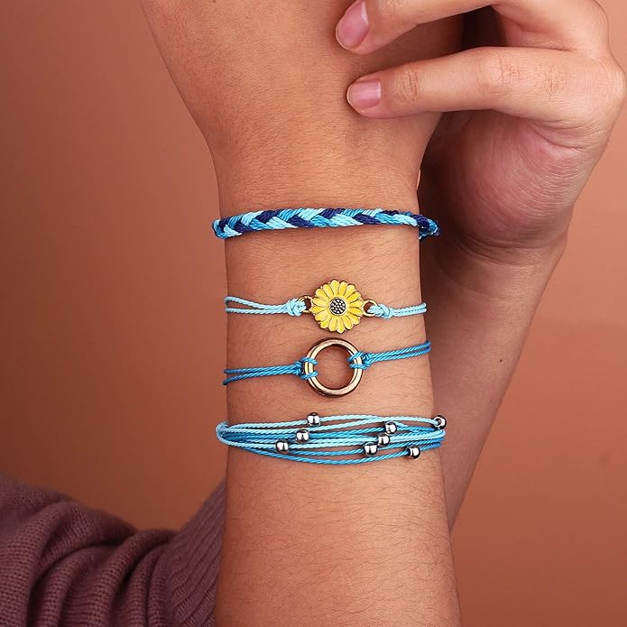 FANCY SHINY Sunflower String Bracelet Boho Braided Rope Wrap Bracelets Cute Summer Beach Surfer Jewelry for Women Christmas Gifts