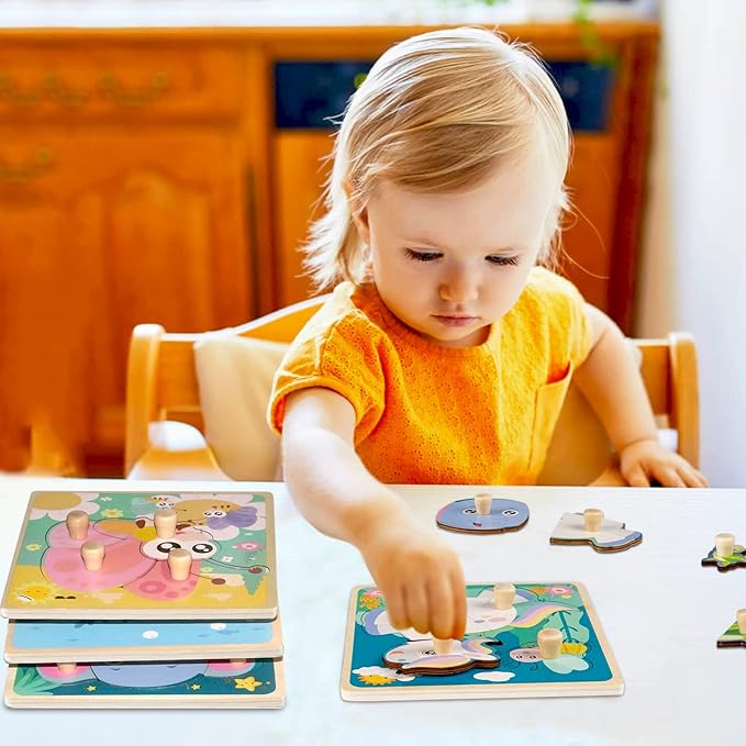 Eco Friendly Animal Puzzles, 4 Pcs Jigsaw with Handles, Infant Kid Montessori Puzzles for 1-3 Years Old