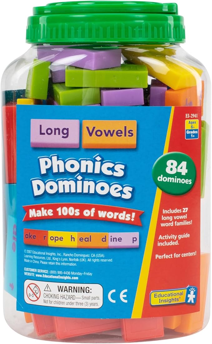 Educational Insights Phonics Dominoes – Long Vowels - Manipulative for Classroom & Home, Set of 84 Dominoes in 6 Colors, Ages 6+