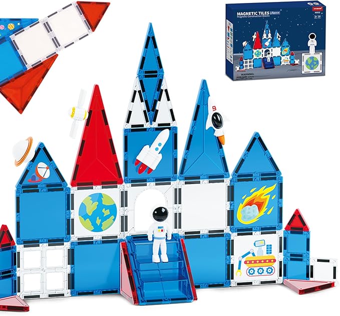 Space Exploration Magnetic Tiles (39PCS),STEM Building Set with Rocket & Astronaut,Preschool Learning Building Set for Ages 3-8, for Boys Girls (Satellite, Spaceship)