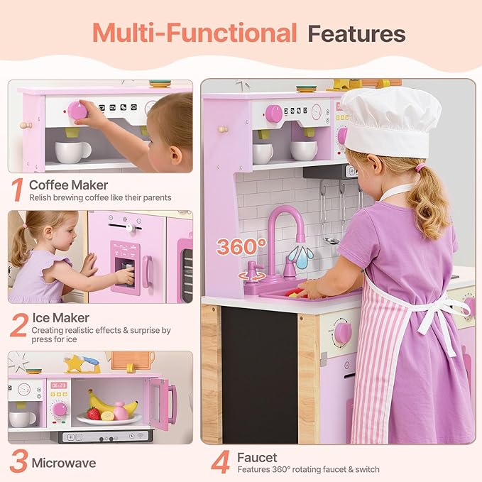 BIERUM Play Kitchen, Wooden Kids Kitchen Playset for Toddlers with Real Lights & Sounds, Height Adjustable Toys Kitchen with 30 Pcs Toy Food & Cookware Accessories (Pink)