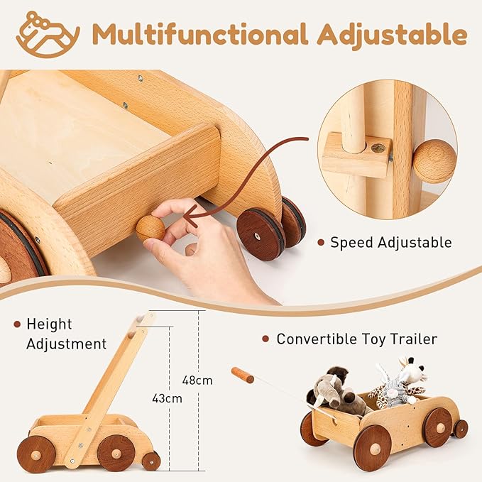 Woodtoe Wooden Baby Walker, Adjustable Speed Anti-Rollover Push Walker Toy for Babies Learning to Walk, Natural Wood Toddler Push and Pull Toys Wagon Birthday Toy for Boy Girl 1-3(Patent Protection)