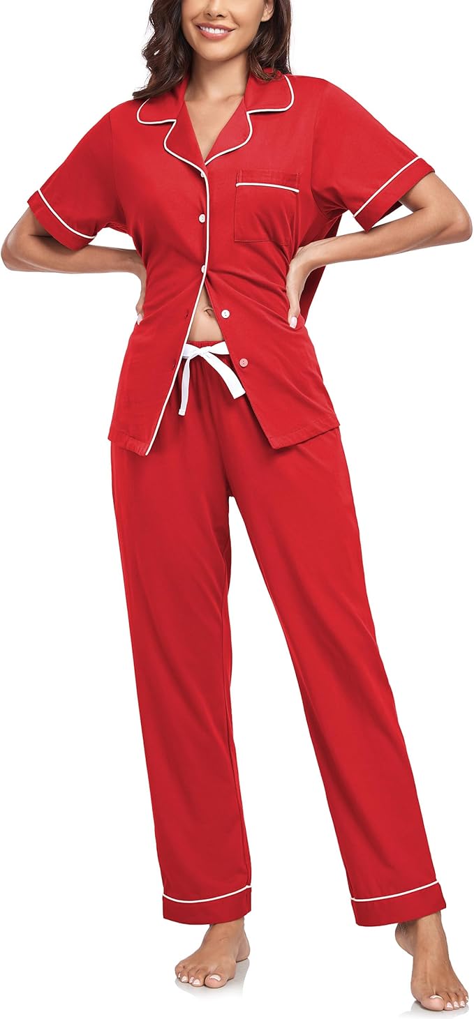 CF Womens 100% Cotton Pajamas Set Button Down Pjs Sets Short Sleeve Top & Long Pants Sleepwear Comfy Loungewear with Pockets