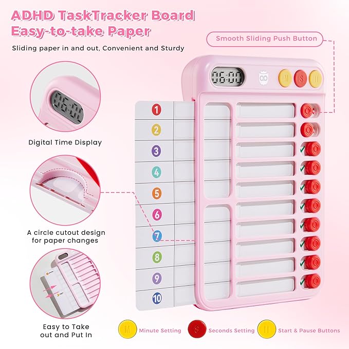 Magnetic Chore Chart for Kids with Time Timer, 99-Min Countdown/Up Visual Timer, Dry-Erase Reward Chart with Sliders, to Do List & Routine Checklist, Visual Schedule Board for ADHD & Autism (Pink)