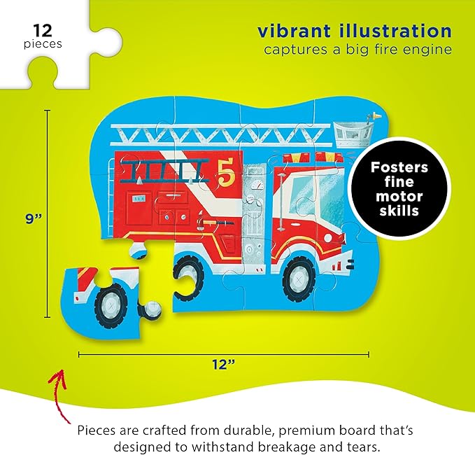 Crocodile Creek 12-Piece Mini Jigsaw Puzzle - Fun Floor Puzzles for Kids Ages 2-4 and Up - Heavy-Duty Shaped Box for Storage - Fire Truck - 12" x 9" Finished
