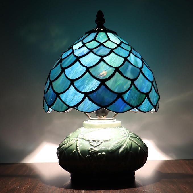 Small Tiffany Lamp Mushroom Table Lamp, Mini Stained Glass Desk Light Memory Sympathy Ceramic lamp 8X11 Inch (Fishscale Style)