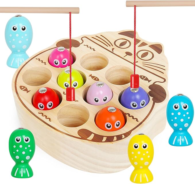 Wooden Magnetic Fishing Game for Toddlers 3-5,Montessori Preschool Education Activities Learning Fine Motor Skills Color Sorting Magnet Fish Toys Easter Gift for Boys Girls
