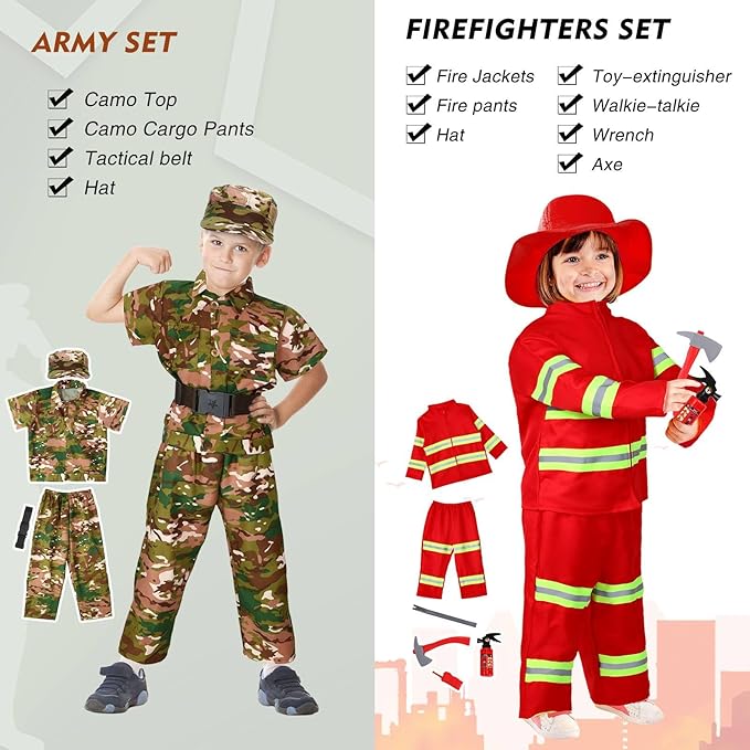 Vicenpal 10 Set Dress up Clothes for 3-8 Years Old Washable Construction Policeman Fireman Doctor Chef Gardener Explorer Scientist Soldier Astronaut Costumes for Boys and Girls Role Playing Activities