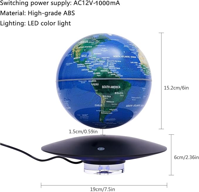6" Magnetic Levitating Globe, 360°Rotating Geographic Globes Levitating Globes with LED Light Floating Magnetic Levitation Floating Globe for Desk Home Office Study Room(Dark Blue+Black/Style B)