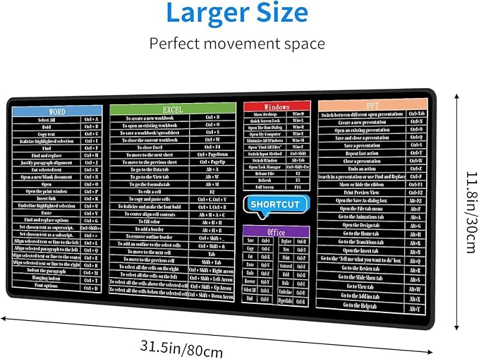Excel Mouse Pad，Excel Cheat Sheet Desk Pad，Gaming Mouse Pad, Non-Slip Rubber Base Mousepad, Stitched Edges, 31.5x11.8 inch for Home Office