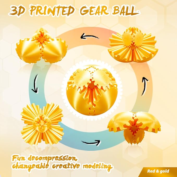 Gear Ball-3D Printed Gear Sphere,3D Printed Spin Ball Cube Fidget Toy,The Steampunk Whirling Wonder Fidget Ball Toy (Gold)