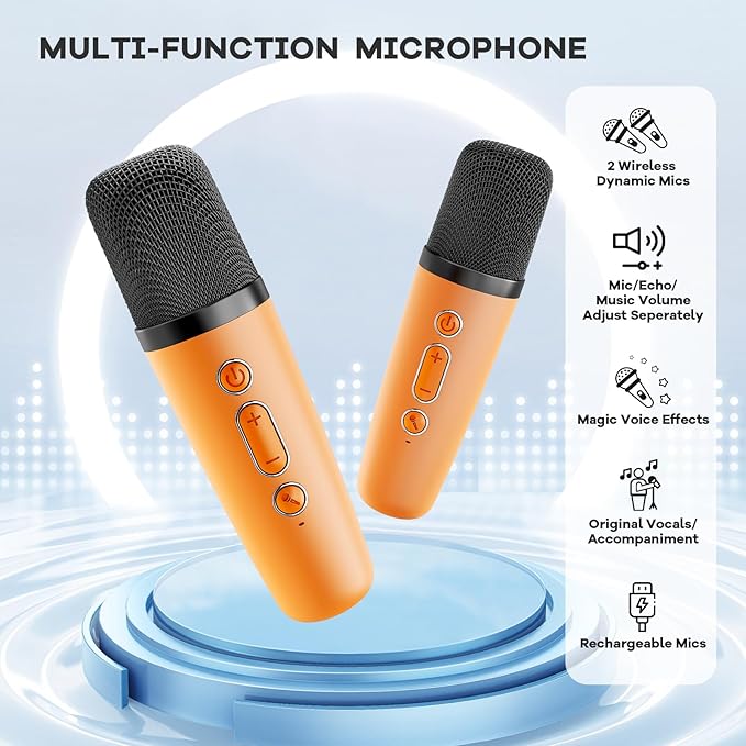 Mini Karaoke Machine for Kids Adults, Portable Bluetooth Speaker with 2 Wireless Microphones, Birthday Gifts Toys for Girls Boys Ages 3, 4, 5, 6, 7, 8, 9,10,11,12+ Years Old Toddler (Orange)