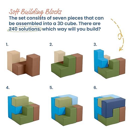 ECR4Kids SoftZone Brainy Building Blocks, Foam Puzzle, Earthtone, 7-Piece