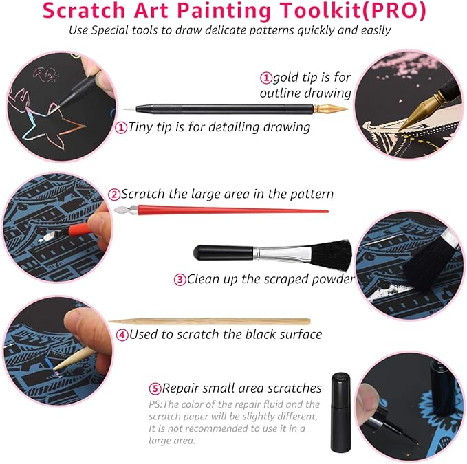 Scratch Art for Adults Kids, Rainbow Painting Night View Scratchboard(A4), Crafts Set: 8 Sheets Scratch Cards with 6 tools in Bag - Fireworks, Big Ben, Cristo Redentor, Ferris Wheel(Landmark Building)