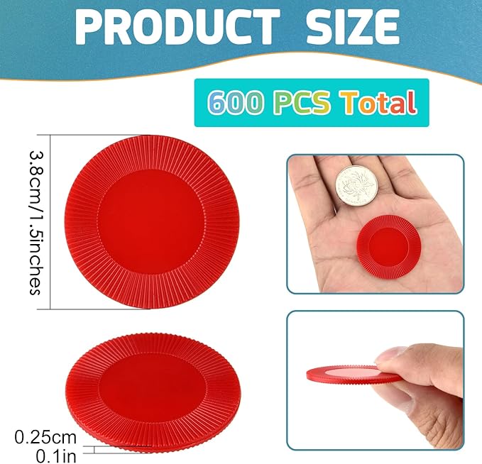 Coopay 600 Pieces Plastic Poker Chips Bingo Chip Bulk Learning Counters Disks Poker Card Game Counting Markers for Math Practice, Game Tokens and Teaching Rewards, 38 mm/ 1.5 Inches (Red)
