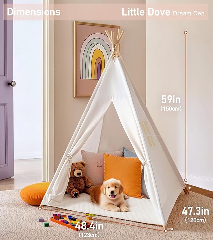 little dove Teepee Tent for Kids Foldable Teepee Play Tent with Carry Case, Banner, Fairy Lights, Olives Branches, Four Poles Style Raw White Color - New Version Tiny House