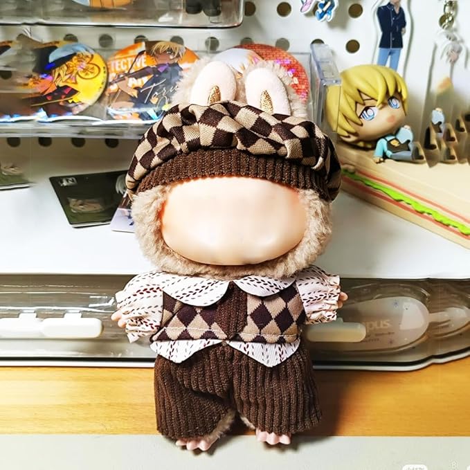 17cm Clothes Set, Cute Hat Unique Pocket Design Overalls Dress up Set(NO Doll), Handmade Clothing Designed for 17cm Doll (Brown Set 1)