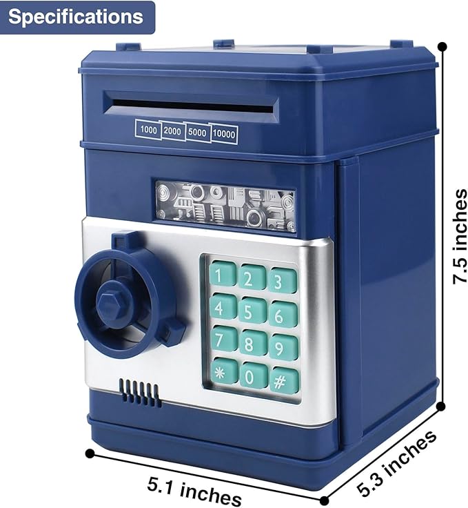 Piggy Bank Electronic Mini ATM for Kids Toy, Safe Money Saving Box Coin Banks Password Code Lock for 3-14 Years Old Kids, Boys Girls Ideal Gift (Grey Blue)