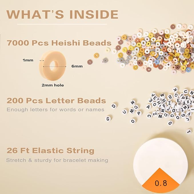 ADIIL 7200pcs Clay Beads Bracelet Making Kit, 6mm Polymer Heishi Beads for Jewelry Making, Friendship Bracelet Kit Birthday Gift for Adults Neutral