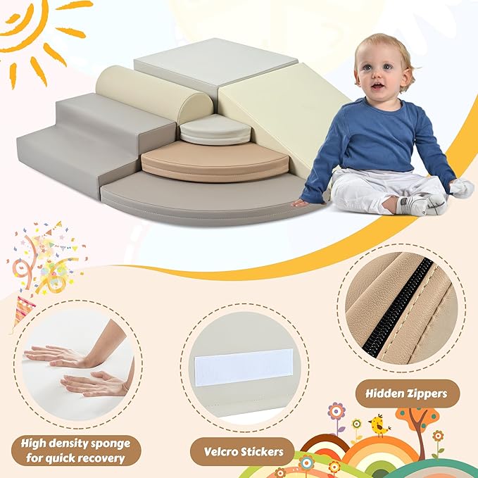 Merax 7-Piece Soft Foam Blocks, Baby Soft Climbing Toys for Toddlers 1+, Indoor Climbing Crawling Activity Play Set, Corner Soft Play Climber Set, Cappuccino