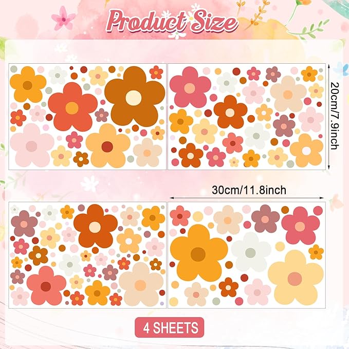Glow in The Dark Y2k Cute Flowers Wall Decals，Glowing Luminous Colorful Boho Floral Wall Stickers Removable self-Adhesive Flower Decals for Girls Bedroom Kids Baby Nursery Living Room (Classic Color)