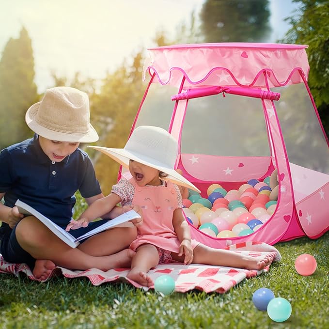 Pop Up Princess Tent with Star Light, Toys for Year Old Girl Birthday Gift, Ball Pit for Months Baby Girl Toys, Toddler Gift, Easy to Pop Up and Assemble(Pink)